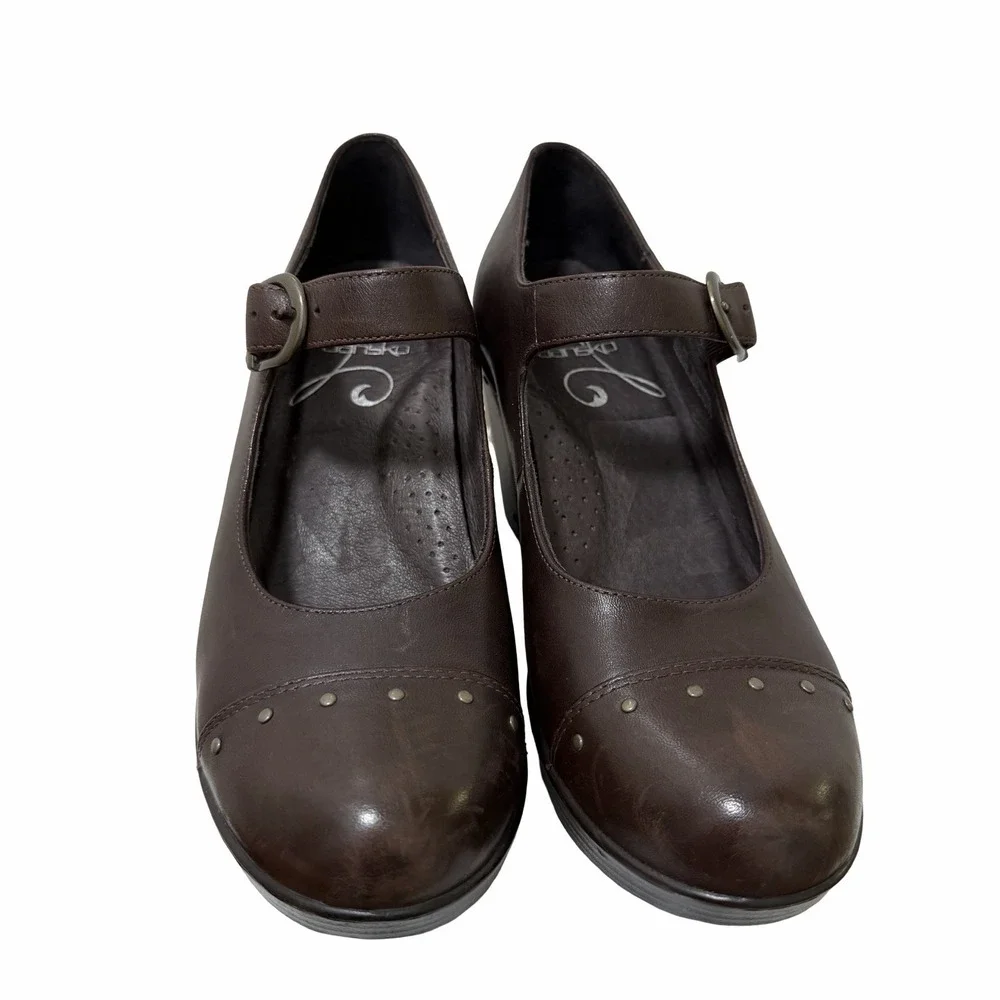 Dansko Leather Mary Jane Platform Wedge Womens EU 38 US 7.5-8 Brown Studded Clog